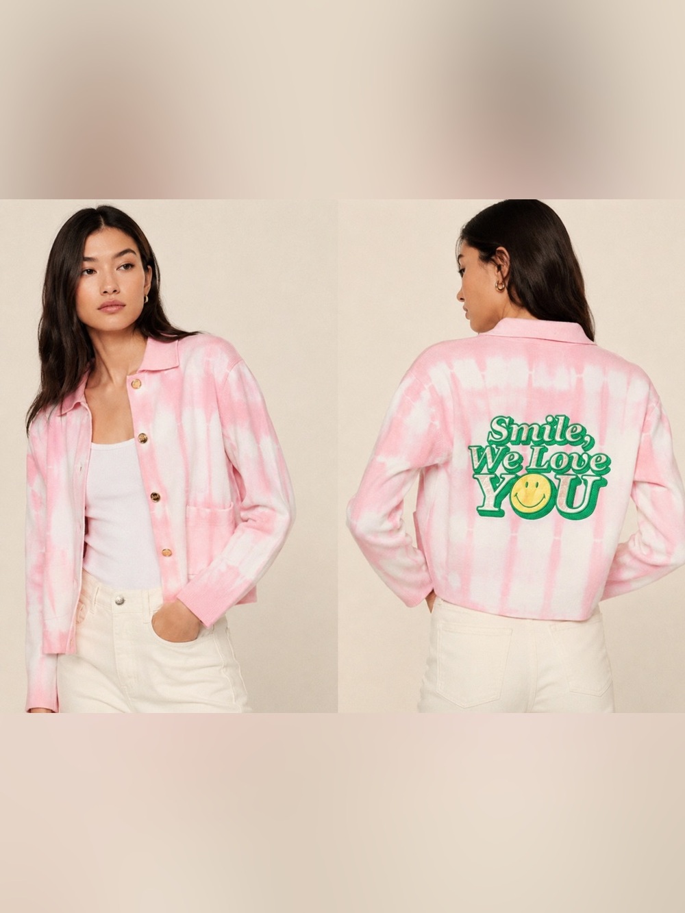 Sandro Paris “Smile, We Love You” Tie-Dye Cardigan | Pink Smiley Sweater